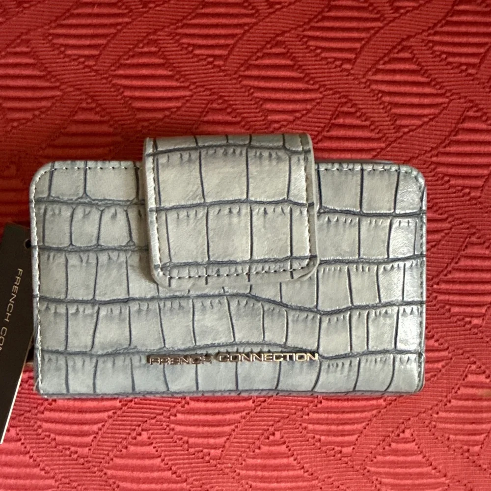French Connection Emmy Denim Croco Fold Zipper Wallet with Silver Hardware - Picture 6 of 7